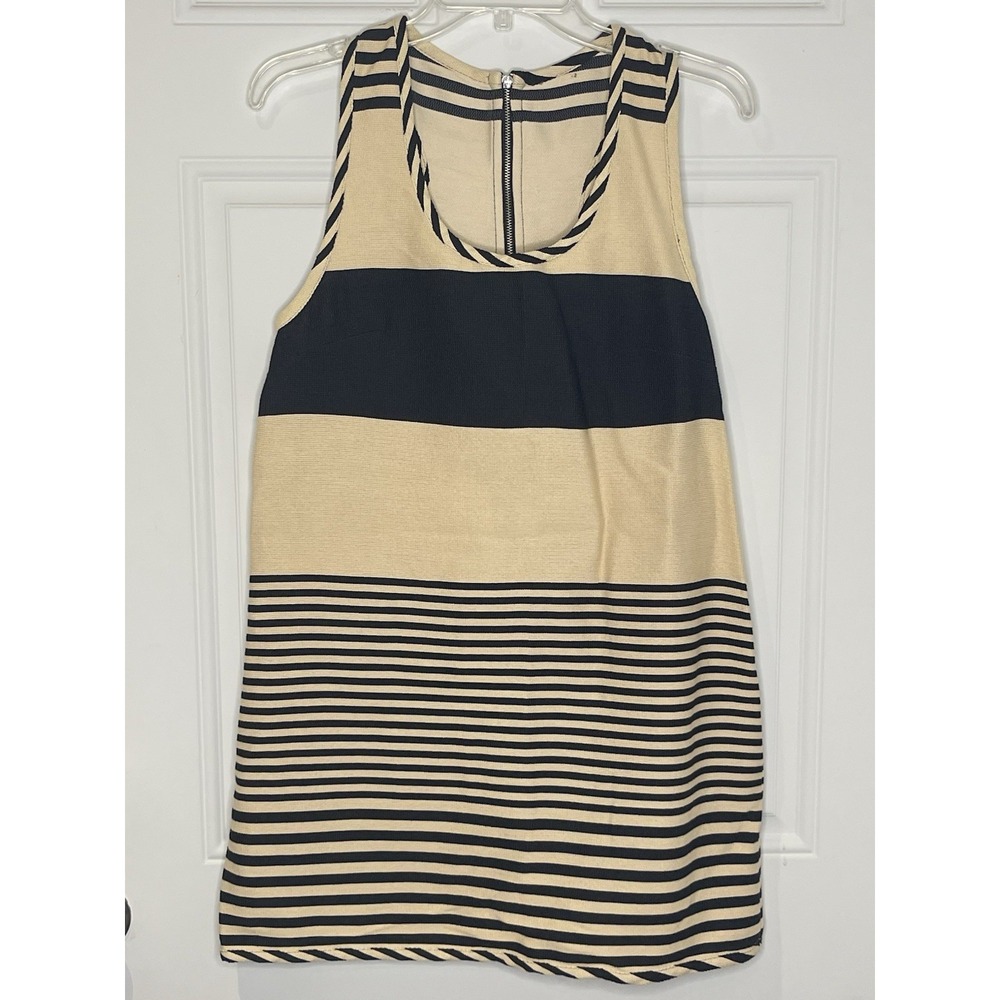 Ali Ro Women's Size 8 Striped Sleeveless Shift Dress Black Beige Knit Racerback
